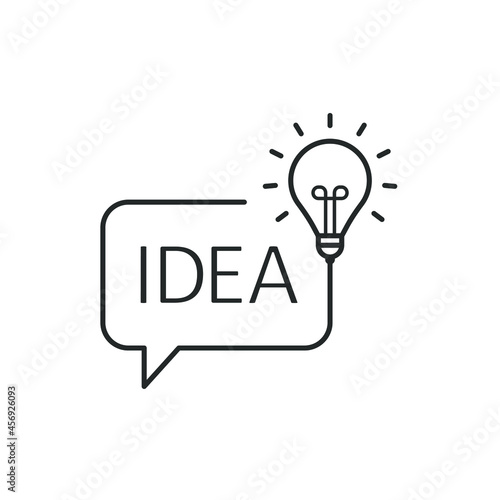 Idea text in a speech bubble with light bulb line icon isolated on white background. Vector illustration