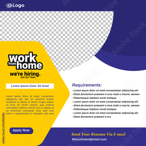 Recruitment advertising template. Recruitment Poster, Job hiring poster, social media, banner, flyer. Digital announcement job vacancies layout work from home concept