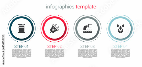 Set Radioactive waste in barrel, Radiation electrical plug, Wastewater and Acid rain and radioactive cloud. Business infographic template. Vector