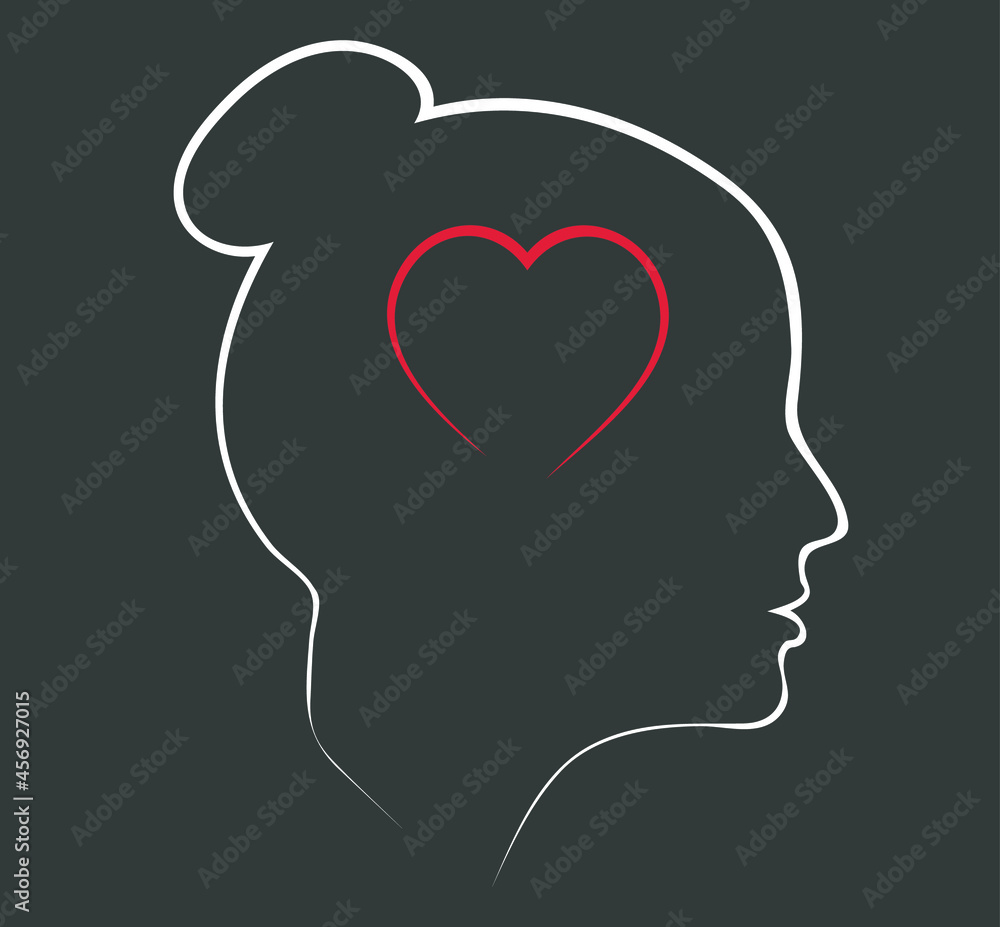 Linear silhouette of a female head. Icon. Flat illustration of face. Head icon with a heart inside. Silhouette of a girl. Woman avatar. Linear avatar. Love in the head Linear silhouette of a female head. Icon. Flat illustration of face. Head icon with a heart inside. Silhouette of a girl. Woman avatar. Linear avatar. Love in the head