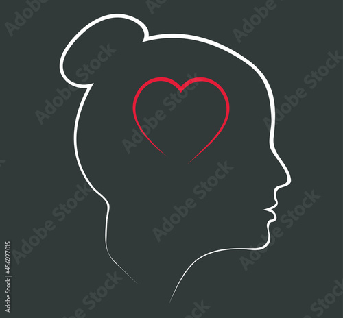 Linear silhouette of a female head. Icon. Flat illustration of face. Head icon with a heart inside. Silhouette of a girl. Woman avatar. Linear avatar. Love in the head