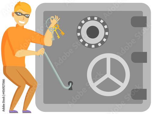 Thief breaks lock. Masked robber broke down keyhole. falsifies keys. Problem of urban security. Cartoon flat illustration with intruder holding keys and padlock standing on white background
