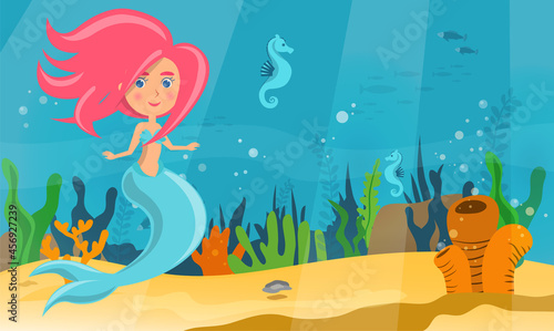 Underwater world of mermaid, fish and sea horses. Ocean floor with sand, corals, sea inhabitants and algae. Girl with fish tail and long pink hair. Wild nature of marine life, water nymph, cute nixie