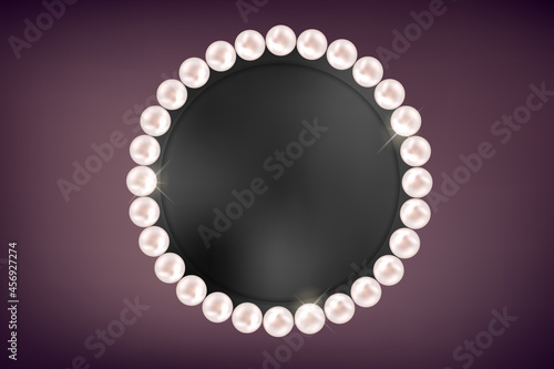 Round frame with pearl necklace. Chain of pearls forming black podium or pedestal. Image JPG