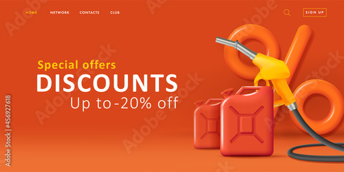 Sale discpunt web banner with 3d tender illustration of big percent symbol with oil cans and gas gun, for gass station photo