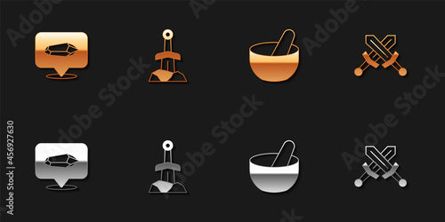 Set Magic stone, Sword in the, Witch cauldron and Crossed medieval sword icon. Vector