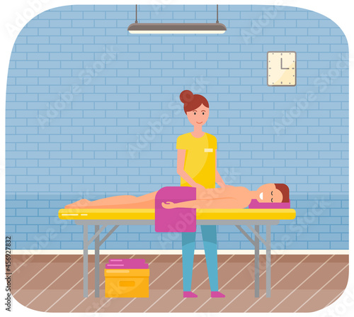 Masseur is massaging body of patient. Therapist gives massage to young man lying on couch. Girl touches back of client with her hands and reduces stress. Massage procedures in medical clinic