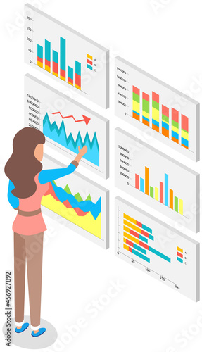 Visualize with business analytics. People work with statistical data analysis, changing indicators. Employees analyze statistical indicators, business data. Characters work with marketing research