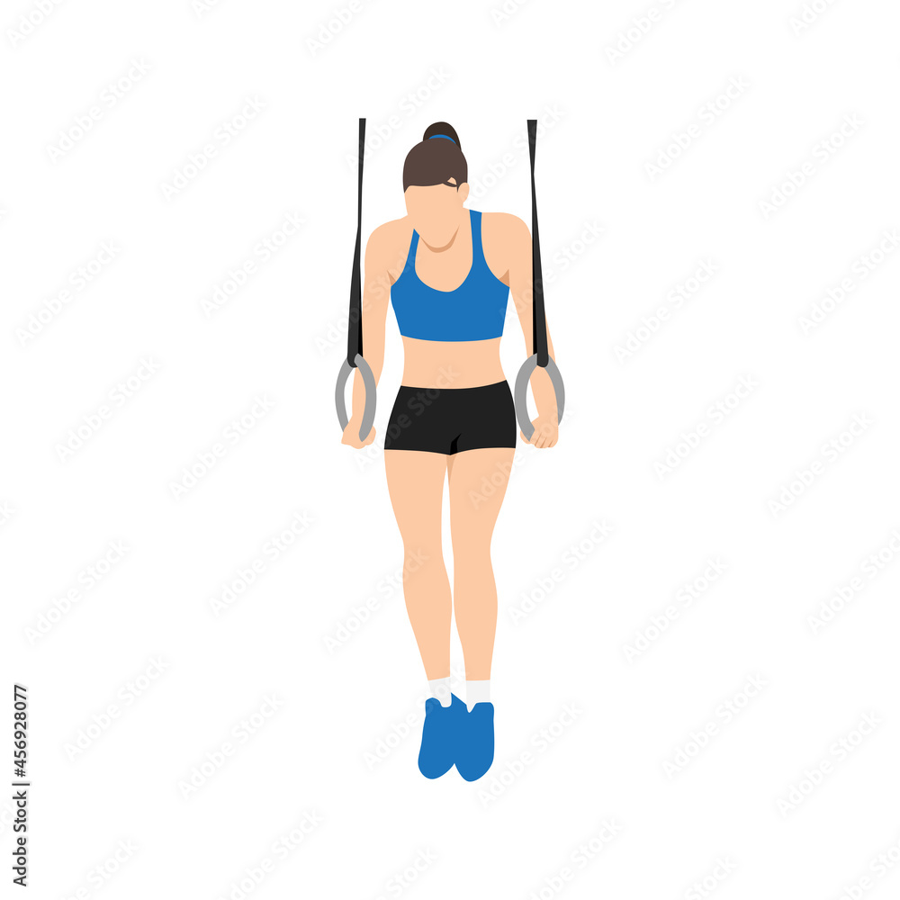 Woman doing Gymnastic ring support position exercise. Flat vector illustration isolated on white background Woman doing Gymnastic ring support position exercise. Flat vector illustration isolated on white background