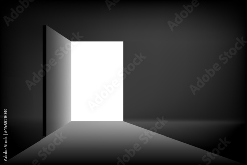 Open door in the dark room background. Vector illustration
