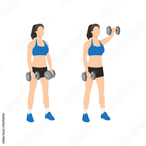 Woman doing Forward. front shoulder dumbbell raises exercise. Flat vector illustration isolated on white background