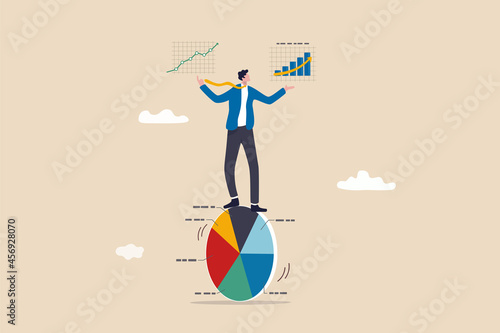 Data driven with analytics research, ads optimization based on user or customer behavior, statistics to improve sales, smart businessman balance and control pie chart with analytics data in hands. photo