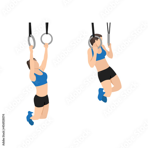 Woman doing Gymnastic ring pull ups. pull-ups exercise. Flat vector illustration isolated on white background
