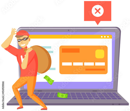 DDoS attack on website. Man hacker stand near big web page being under attack. Masked cybercriminal intruder holding bag of stolen money. Poster for social media, web page, banner, presentation
