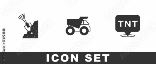 Set Shovel and stone, Mining dump truck and Dynamite icon. Vector