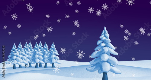 Digital image of snowflakes falling over trees on winter landscape against purple background