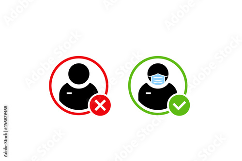 Face mask required warning prevention sign. Human profile silhouette with face mask in rounded rectangular frame