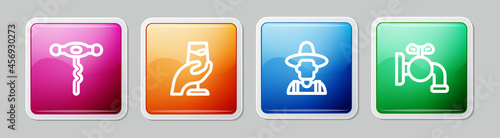 Set line Wine corkscrew, tasting, degustation, Farmer the hat and Tap for barrel. Colorful square button. Vector
