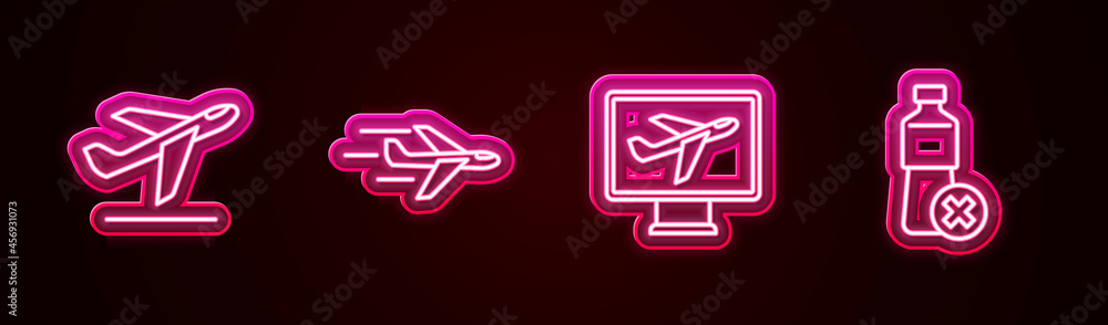 Set line Plane takeoff, , and No water bottle. Glowing neon icon. Vector Set line Plane takeoff, , and No water bottle. Glowing neon icon. Vector