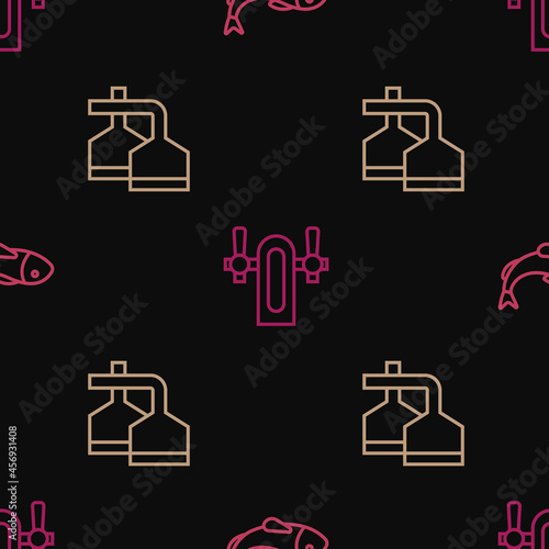 Set line Dried fish, Beer brewing process and tap on seamless pattern. Vector