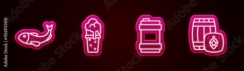 Set line Dried fish, Glass of beer, Metal keg and Wooden barrel. Glowing neon icon. Vector