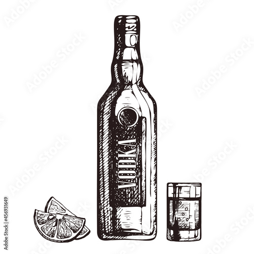 Hand drawn bottle of vodka, shot glass and lemon slices, sketch style vector illustration