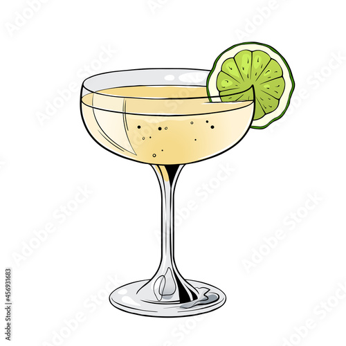 Daiquiri cocktail, hand drawn alcohol drink with lime slice. Vector illustration on white background