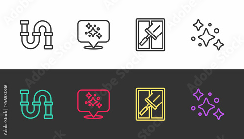 Set line Industry metallic pipe, Home cleaning service, Rubber cleaner for windows and on black and white. Vector