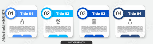 Set line Dishwashing liquid bottle, Home cleaning service, Trash can and Garbage bag. Business infographic template. Vector