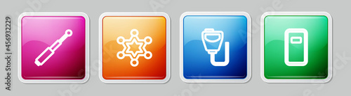 Set line Telescopic baton, Hexagram sheriff, Walkie talkie and Police assault shield. Colorful square button. Vector