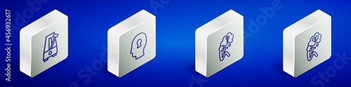 Set Isometric line Metronome with pendulum, Solution to the problem, Head question mark and Broken heart or divorce icon. Vector