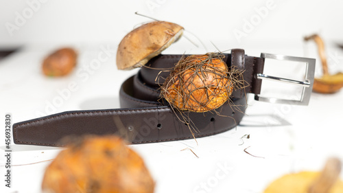 Mycelium leather belt are eco-friendly alternative to leather. Made from fungal spores and plant fibers. photo