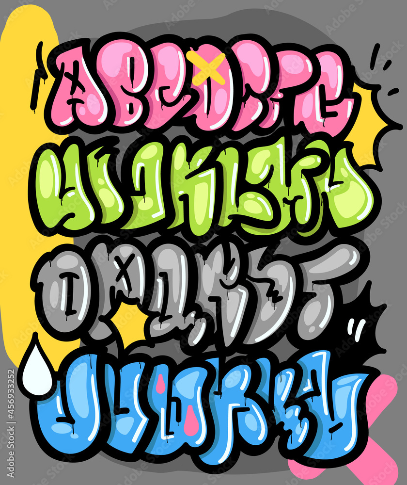Fototapeta Alphabet graffiti flops style. Colors letters illustration font