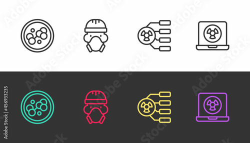 Set line Molecule, Nuclear reactor worker, Radioactive and laptop on black and white. Vector