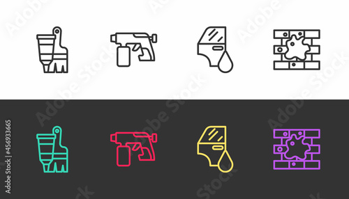 Set line Tube with paint and brush, Paint spray gun, Car painting and Painting the house on black and white. Vector