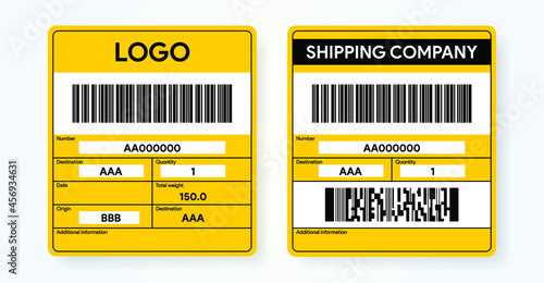 Shipping label template. Transportation priority cargo sticker. Delivery bar code mockup. Information about sender and recipient. Mail barcode mock up. Vector illustration