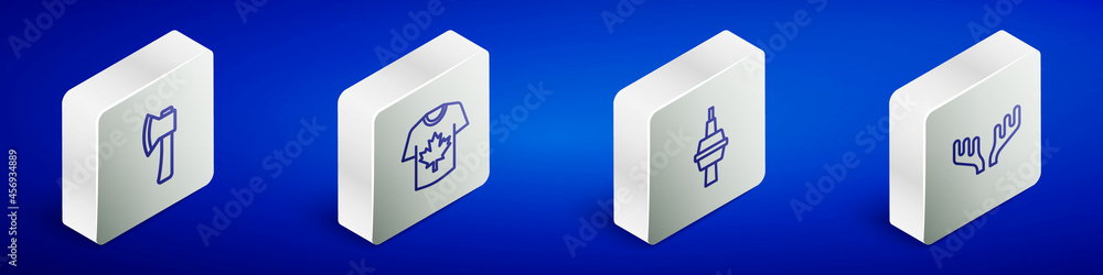 Set Isometric line Wooden axe, Hockey jersey, TV CN Tower in Toronto and Deer antlers icon. Vector Set Isometric line Wooden axe, Hockey jersey, TV CN Tower in Toronto and Deer antlers icon. Vector