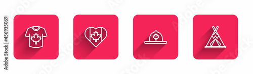 Set line Hockey jersey, Heart shaped Canada flag, Canadian ranger hat and Indian teepee or wigwam with long shadow. Red square button. Vector