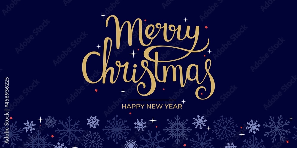 Christmas and New Year. Modern universal art templates. Christmas corporate greeting cards and invitations. Golden lettering on a dark blue background with snowflakes.