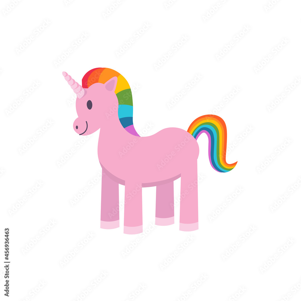 Unicorn toy with rainbow mane and tail on white background. Cartoon illustration, vector.