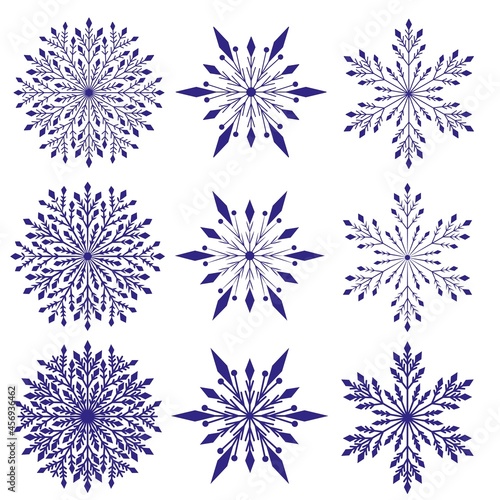 a set of blue openwork snowflakes isolated on a white background, vector graphics for Christmas and New Years illustration, design element, decor, collection