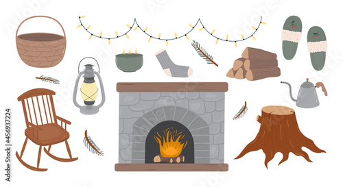 Set of vintage elements and decor for cozy home interior. Hygge cabin furniture and decor: fireplace, rocking chair, firewood, lantern,lights, slippers. Hand drawn vector illustrations