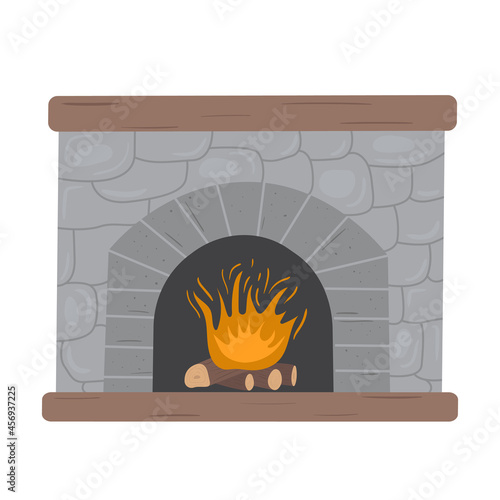 Cozy rustic fireplace with burning firewood. Vintage winter fireside in country cottage style. Symbol of christmas. Hand drawn vector illustration