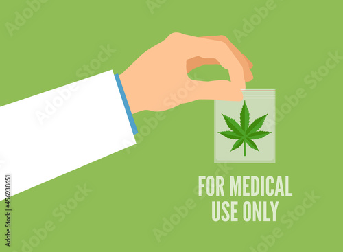 doctor hand holding plastic bag with marijuana hemp cannabis leaf vector illustration