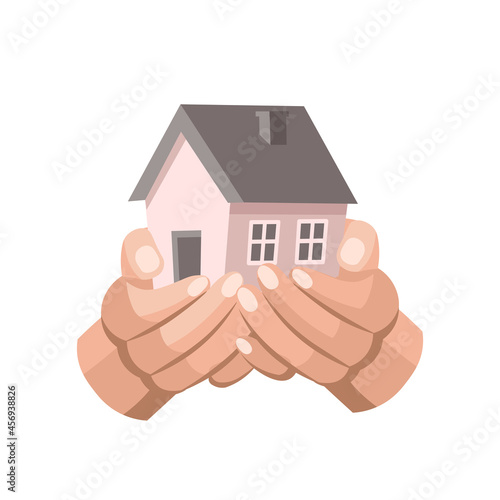 Hands holding house.Concept of rent home purchase, mortgage, real estate insurance and banking.Cartoon style