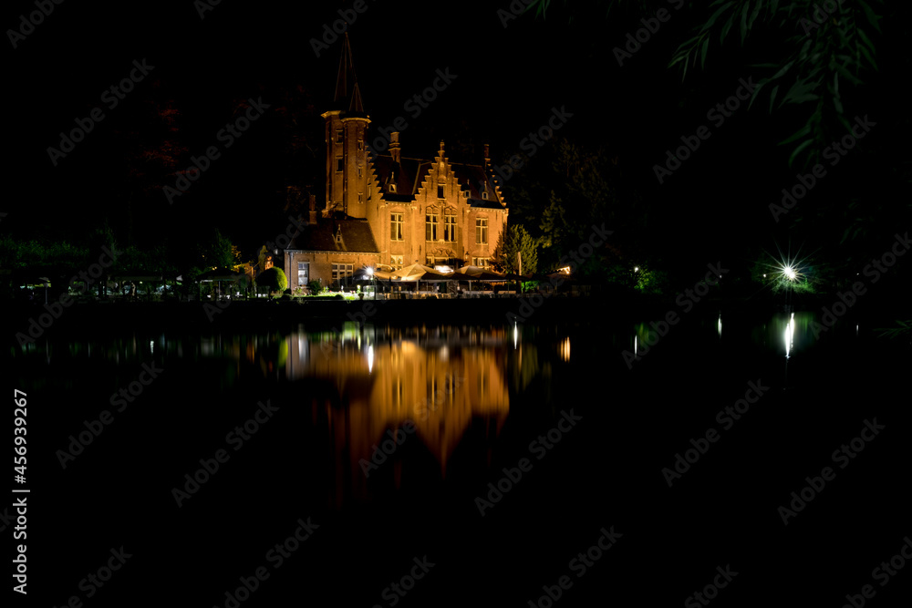 Night long exposure with reflections in the water, Bruges, Belgium