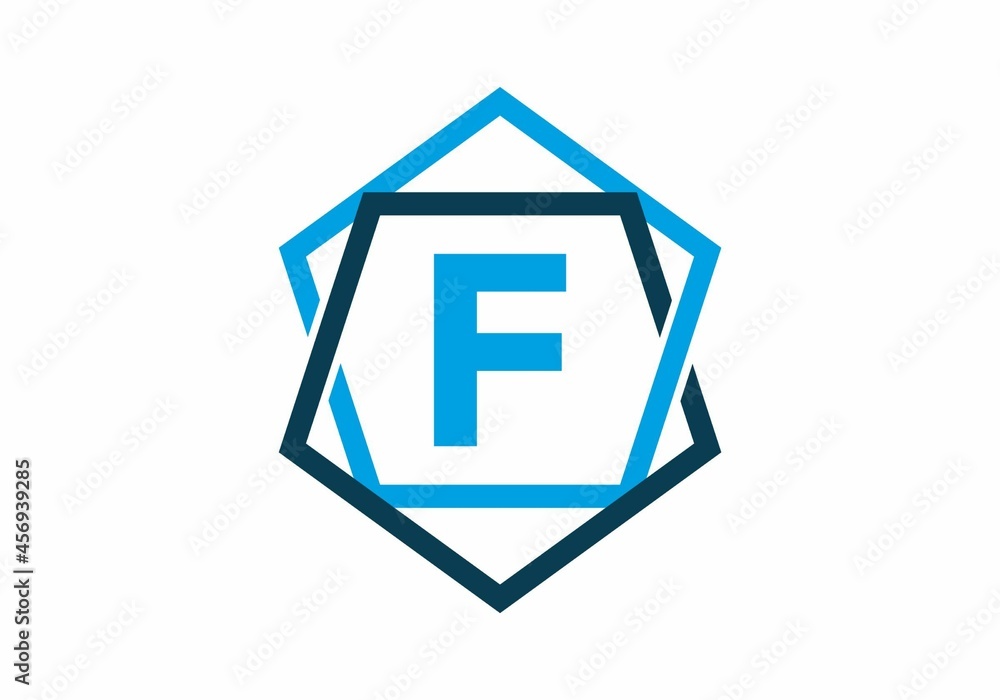 Blue color of initial letter F in pentagon frame