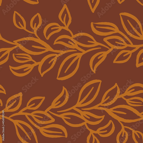 Brown autumn leaves creating a botanical stripe seamless pattern background print. Fall vector illustration. For kids, autumn parties or home decor projects. Surface pattern design.