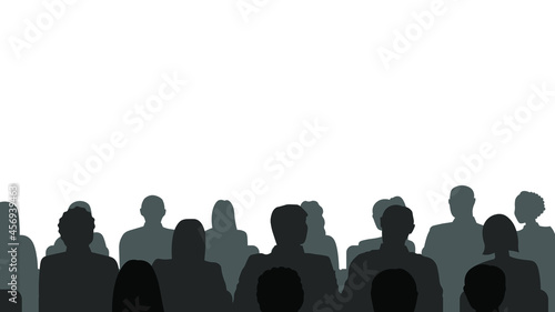 People heads silhouette. The audience sitting back view vector illustration. Back crowd.