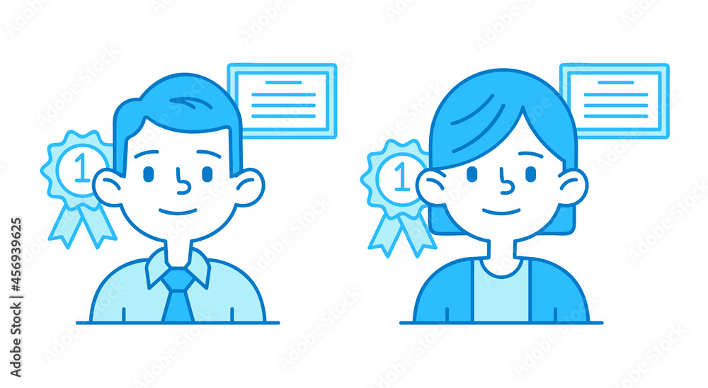 Fototapeta premium Vector illustration of a employee avatar with diploma and award in trendy flat linear style